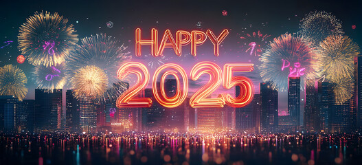 Wall Mural - Happy New Year 2025. New Year's Eve Party background banner greeting card illustration with text. Golden fireworks in the night sky, cityscape buildings. 2025 neon glowing text. AI generated