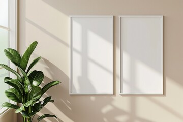 Wall Mural - Blank Wall Gallery: Mockup of Three Vertical White Frames on Neutral Beige Background