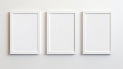 Wall Mural - Blank Wooden Frames on White Wall for Picture or Gallery Display. Mockup of Three Vertical Empty Frames in Realistic 3D Render