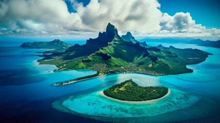 Breath-taking Aerial View of Bora Bora, Tahiti French Polynesia - An Awe-inspiring Generative AI Composition Capturing the Paradise Island, Sky, Ocean, Summer, and Travel