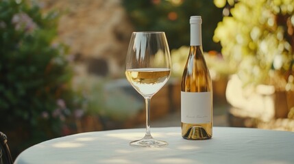 Bottle of rose wine and two full glasses of wine on table in heart of Provence, France