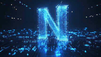 Leinwandbilder - Glowing digital letter N formed by particles on dark background.