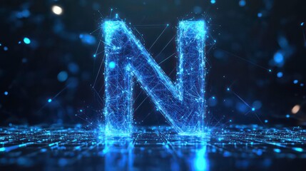 Aufkleber - Glowing blue letter N formed by interconnected lines and dots on a dark background.