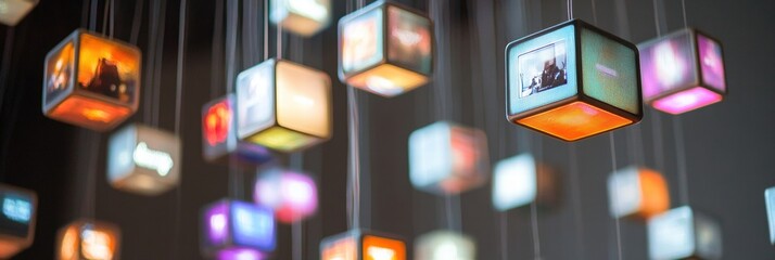 Leinwandbilder - Floating cubes featuring abstract text and imagery create a captivating atmosphere in modern art space. Generative AI