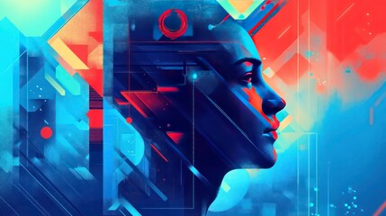 Poster - Abstract digital portrait of a woman's profile, with vibrant colors and geometric shapes.