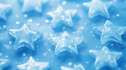 Poster - Close-up of many translucent light blue star shapes on a wet surface.