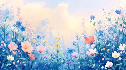 Wall Mural - Pastel Blossoms In A Dreamlike Meadow Scene