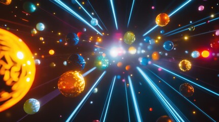 Wall Mural - Vibrant Cosmic Nebula Glowing Planets, Light Rays, Stellar Dust