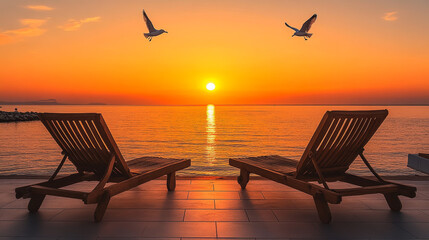 Wall Mural - View from hotel terrace at sunrise over seawater. Vector cartoon illustration of beautiful evening seascape, seagulls flying in orange sky, wooden couch on mediterranean balcony Tropical island resort