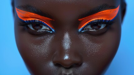 Wall Mural - Close-up Portrait of a Person with Bold Eyeliner and Intense Eye Makeup in Vibrant Orange and Blue Hues Showcasing Artistic Expression and Modern Makeup Artistry