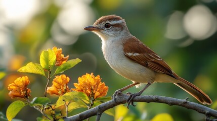 Wall Mural - Beautiful brown and white songbird perched gracefully on a branch surrounded by vibrant orange flowers in a sunny garden setting captures nature's serenity and charm.