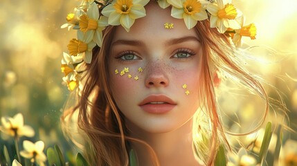 Wall Mural - Fairytale Girl Adorned With Daffodils In Sunlight