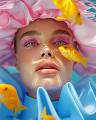 Wall Mural - Playful close-up of a model with pink accents and vibrant fish in a surreal aquatic setting. Captures a blend of elegance and fantasy.