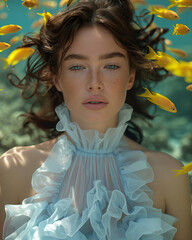 Wall Mural - Underwater-inspired editorial with a model in blue ruffles surrounded by golden fish. A dreamy mix of nature and high fashion.