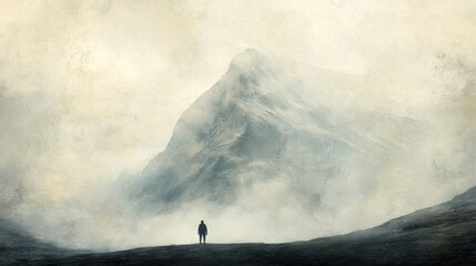 Aufkleber - Loneliness felt by a solitary figure at the base of a towering mountain during cloudy weather. Generative AI