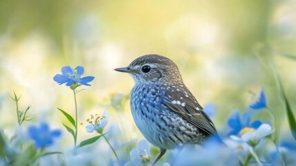 Sticker - Small Blue Bird Amidst Delicate Blue Flowers