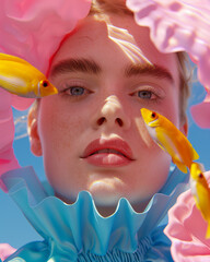 Wall Mural - Portrait of a model framed by vibrant coral tones with bright yellow fish. A surreal fusion of aquatic elements and fashion.
