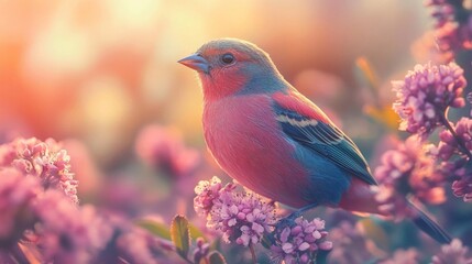 Poster - Pink Bird Perched Amongst Blooming Spring Flowers