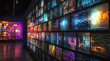 Leinwandbilder - A wall of screens displaying diverse digital content, including data visualizations, code, and abstract imagery, in a dark room.