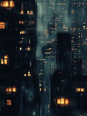 Aufkleber - Dark cityscape at night featuring scattered illuminated windows showcasing urban life. Generative AI