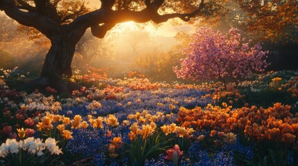 Poster - Sunlit Spring Garden With Blossoming Trees And Flowers