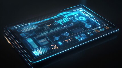 Poster - Futuristic tablet displaying holographic data, graphs, and charts on a dark background.