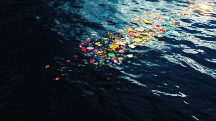 Wall Mural - colorful plastic waste floats on the deep blue ocean, illustrating marine pollutions urgent environm