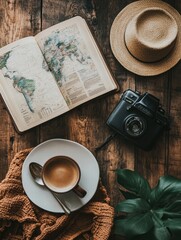 Aufkleber - Cozy travel flatlay featuring coffee mug travel guide straw hat and camera on wooden background. Generative AI