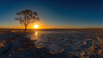 Poster - Cracked dry lakebed under a blazing sun at sunset with a solitary tree and distant horizon in warm hues. Generative AI