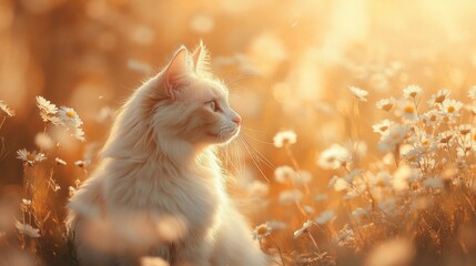 Wall Mural - A Cream Cat Amidst Golden Hour Daisies