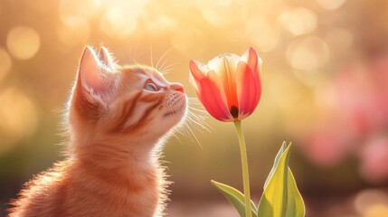 Poster - Orange Kitten Sniffing A Beautiful Spring Tulip