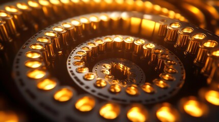Poster - Abstract spiral of glowing golden lights and metal gears.