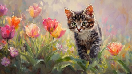 Poster - A Tabby Kitten Amidst a Spring Tulip Garden