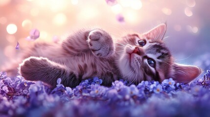 Poster - Adorable Kitten Playing Amongst Purple Flowers