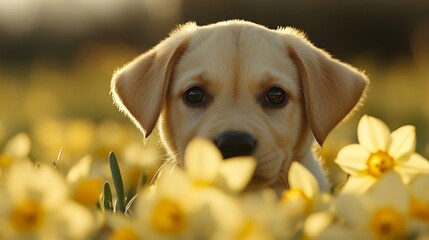 Poster - Adorable Yellow Labrador Puppy Hiding Amongst Daffodils