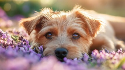 Poster - Adorable Puppy Resting Amidst Lavender Flowers