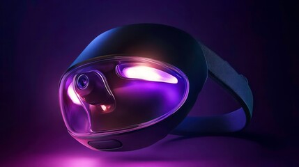 Fototapete - Futuristic VR headset with glowing purple lights and integrated camera, isolated on dark background.