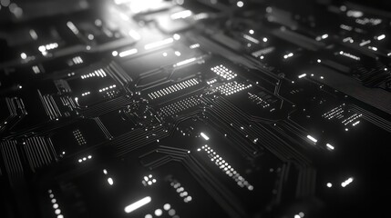 Poster - Abstract close-up of a black circuit board with glowing components, showcasing intricate technological details.