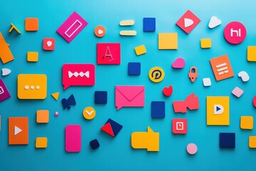 Aufkleber - Colorful social media icons on vibrant blue background showcasing digital engagement. Generative AI