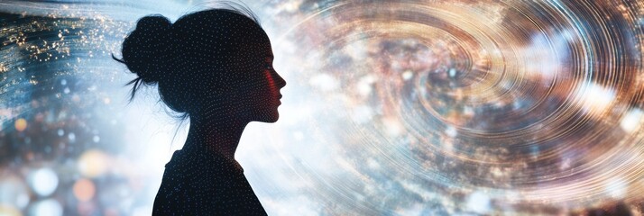 Poster - Silhouette surrounded by abstract lines and spirals expresses deep feelings of loneliness and isolation within a chaotic world. Generative AI