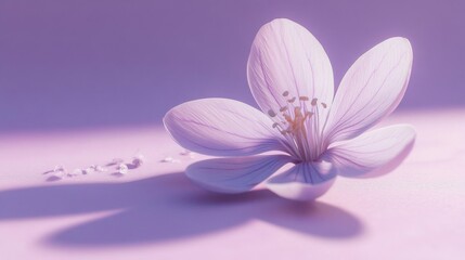 Wall Mural - Delicate Pale Purple Flower Softly Rests On Pink Background