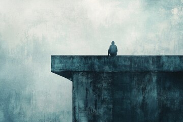 Aufkleber - Lonely figure sitting on foggy bridge contemplating the vast emptiness surrounding them. Generative AI