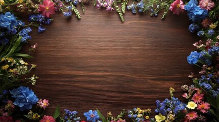 Wall Mural - Colorful Wildflowers Frame Dark Wood Background