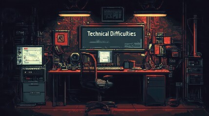 Leinwandbilder - Pixel art depicting a dimly lit workspace with computers, indicating technical problems.