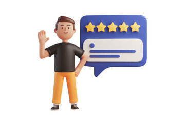 Aufkleber - 3D cartoon man happily shows a five-star review message. background removed