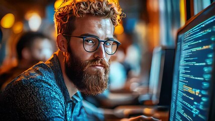 A focused software developer works on code at dual monitors in a warmly lit, modern workspace