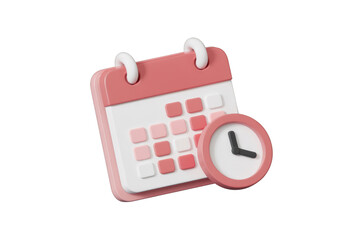 Fototapete - 3D render of a pink calendar and clock icon, symbolizing scheduling and time management. background removed