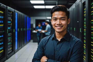 Close portrait of a smiling young Malaysian male IT worker looking at the camera, against dark server room blurred background.