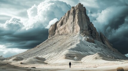 Aufkleber - Loneliness at the foot of a towering mountain under an ominous sky. Generative AI