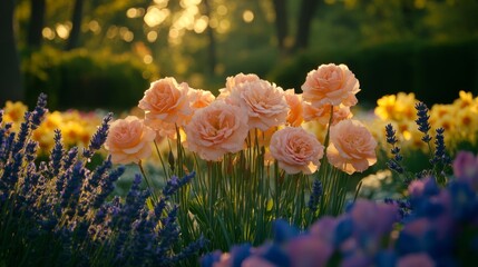 Wall Mural - Peach Roses Bloom in a Summer Garden Setting